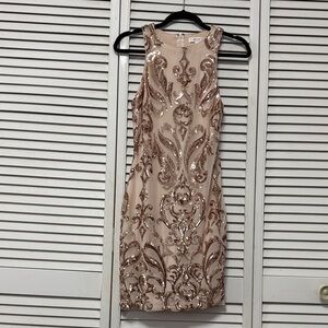 Women’s - Embellished Blush Sequin Sheath Dress - Sz Large- Gold / beige